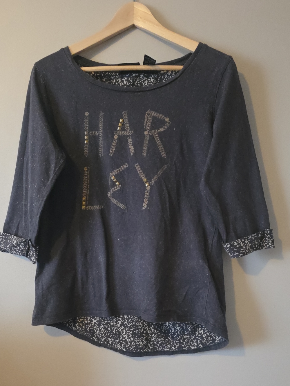 Harley-Davidson Navy Blue Sequin HARLEY Accent 3/4 Sleeve Top